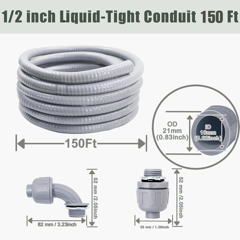 Feotech Liquid-Tight Conduit and Connector Kit - 1/2 Inch 150 FT Non Metallic Liquid Tight Electrical Conduit with 5 Straight and 5 Angle Fittings - Image 2